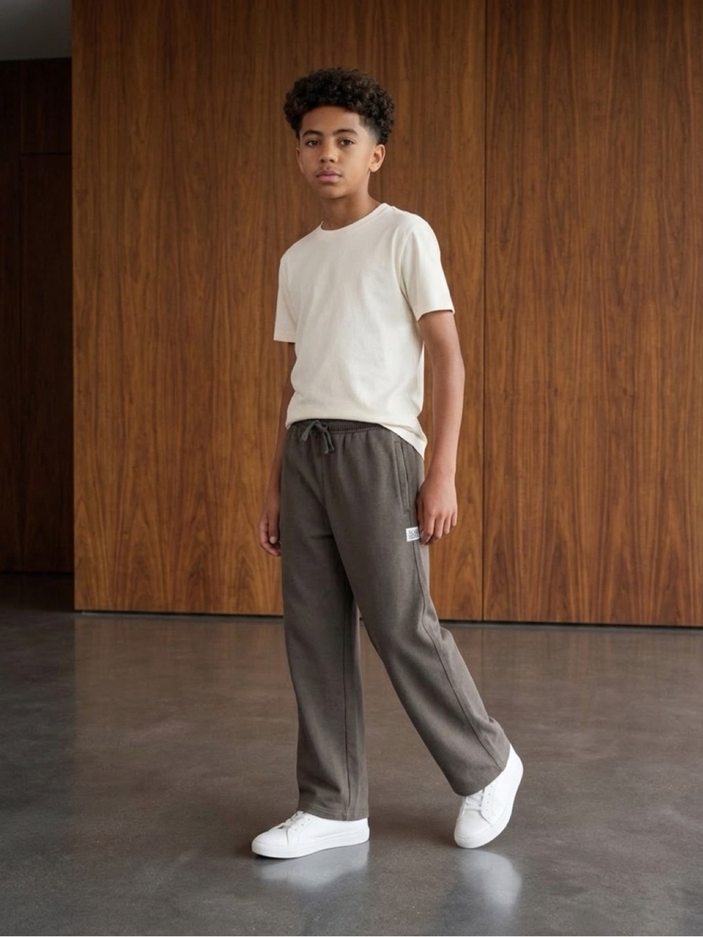Zara Boy’s Wide Leg Cotton Sweatpants with Elastic Waist and Tie Dark Taupe